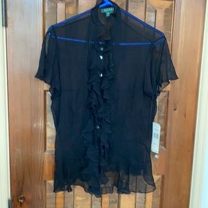 Ralph Lauren Black Ruffle Front Sheer Blouse
